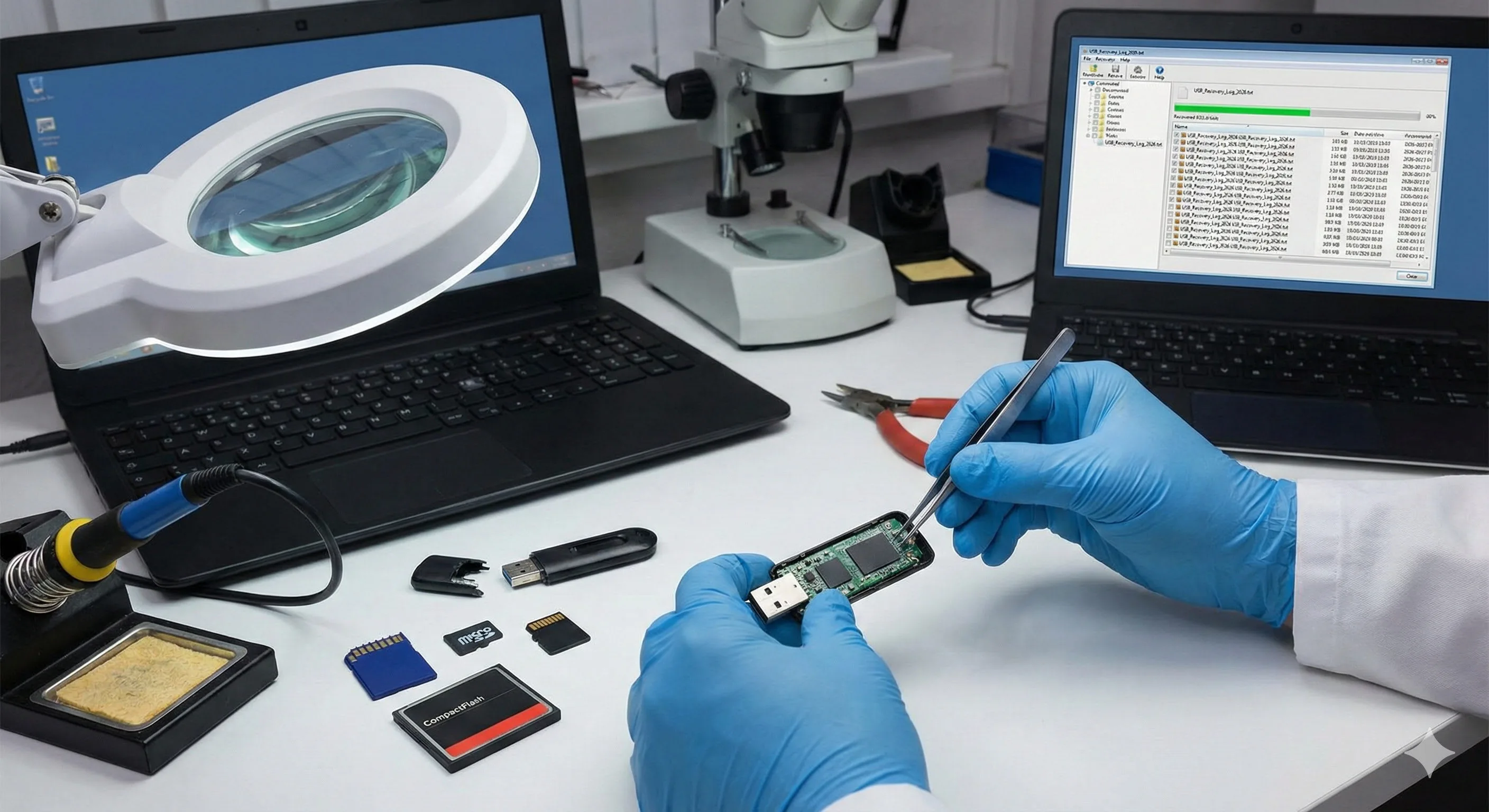 Technik v rukavicích pracuje na PCB USB flash disku pod mikroskopem