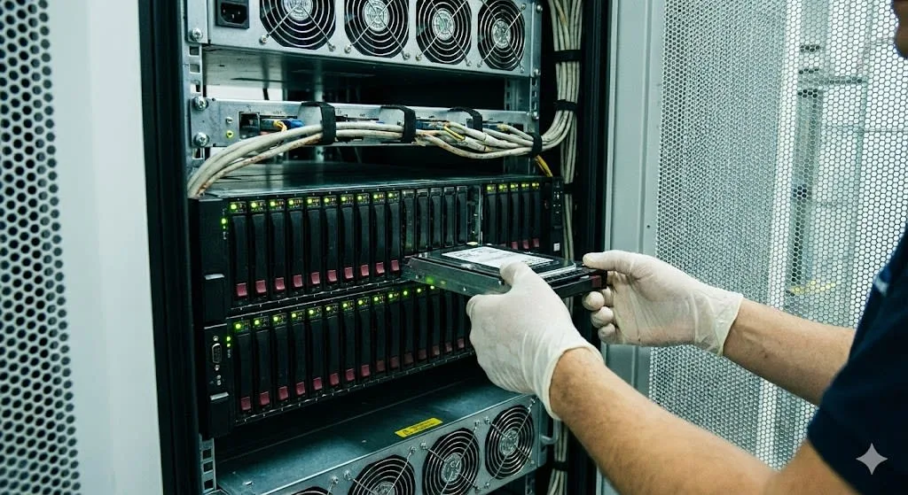 Technik v rukavicích vytahuje disk ze serverového racku